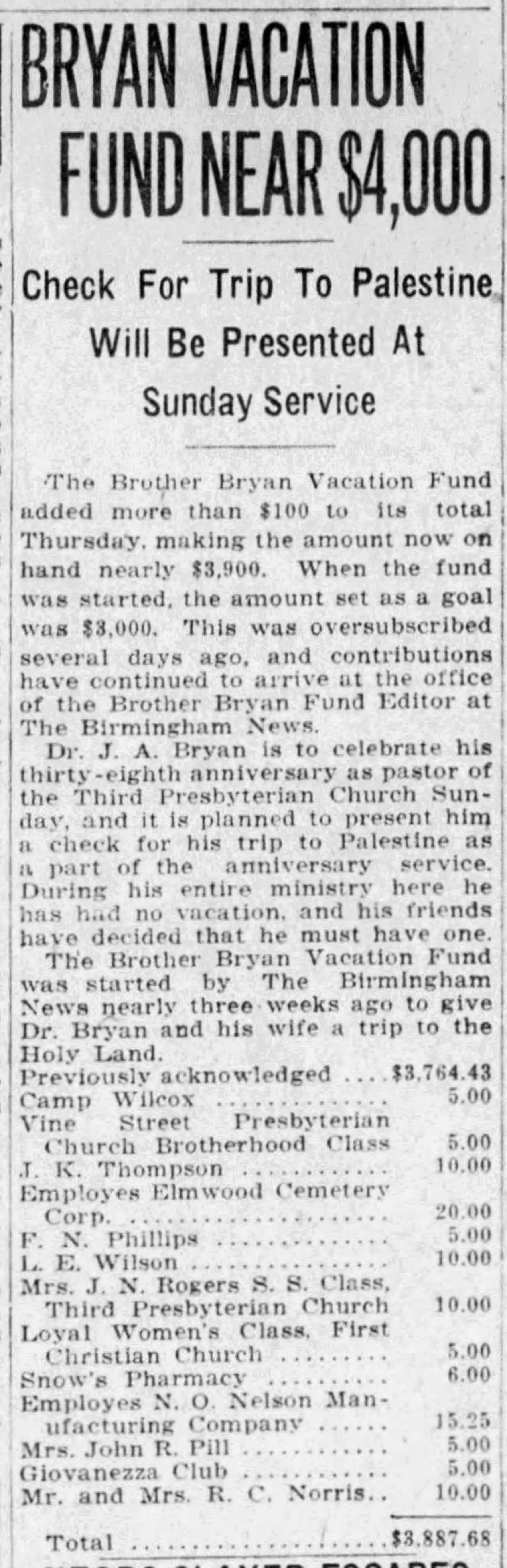 Bryan Fund Now Nears $4,000 Mark